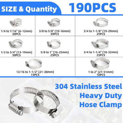190-Piece Worm Gear Hose Clamp Set Beefy 304 Stainless Steel Heavy Duty Adjustable Clamps size chart and close-up image