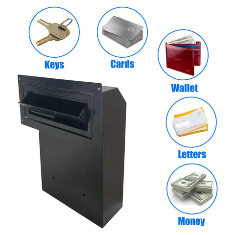 Drop Dead Secure Exterior Door Drop Box With Rear Access For Mail And Keys Anti Fishing Security Design Built Tough in matte black.
