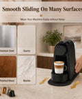 Smooth Glide Sliding Mat With Anti Slip Base For Nespresso Essenza Mini EN85 on countertop with coffee machine