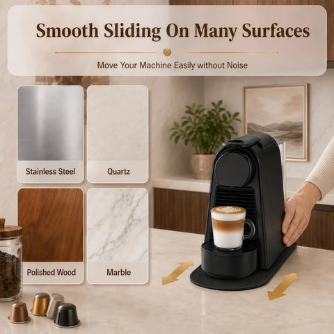 Smooth Glide Sliding Mat With Anti Slip Base For Nespresso Essenza Mini EN85 on countertop with coffee machine