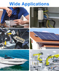 Collage of various applications for Six Piece 10 AWG Wire Connector Kit including solar panels, automotive, and industrial machinery.