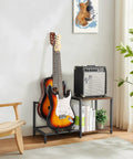 Vintage Brown Guitar Amp Stand With Double Rack For Acoustic Electric Bass And Ukulele Storage Holder with guitars and amp.