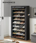 No Fuss Ten Tier Shoe Rack With Sturdy Cover Holds Forty To Fifty Pairs Of Sneakers And Casual Kicks, showcasing organized footwear and side pockets.
