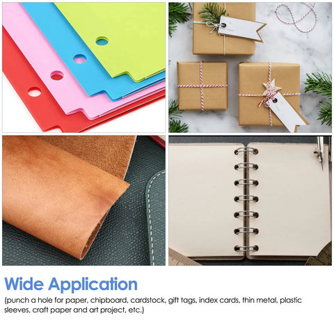 Wide application examples for Handy One Quarter Inch Hole Punch For Paper And Craft Projects 20 Sheet Capacity Slim Handheld Punch With Non Slip Base Ideal For Cardstock Chipboard And Craft Papers Blue, showing use with paper, chipboard, and gifts.
