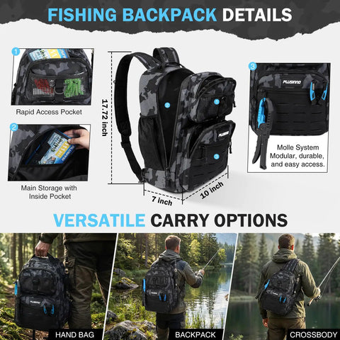 All-In-One Fishing Gear Backpack With Tackle Box And Rod Holders, showcasing compartments and versatile carry options