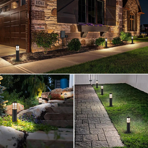 All In One LED Landscape Lighting Kit With Eight Low Voltage Path Lights, 60W Transformer, illuminating garden walkways