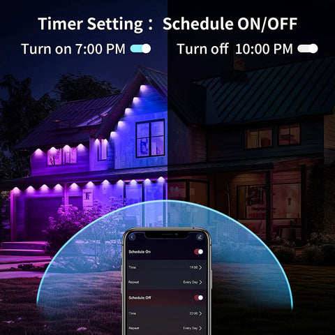 Outdoor LED Lights for House With App And Button Control Smart RGB IC Eaves Lighting Kit 200 Plus Dynamic Scene Modes IP67 Waterproof IP65 Controller 49 Feet For Roof Garden Christmas Party Decor showing timer settings on smartphone in front of a house with dynamic lighting.