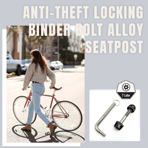 Woman walking bike with Tamper Resistant Seatpost Lock For Bikes With 7 Lobe Security Key And Alloy Locking Bolt M6x45mm