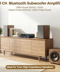 Beefy 2.1 Channel Home Audio Amplifier With Bluetooth 5.0 USB And AUX Remote Bass Treble And Sub Control setup in living room