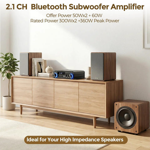 Beefy 2.1 Channel Home Audio Amplifier With Bluetooth 5.0 USB And AUX Remote Bass Treble And Sub Control setup in living room