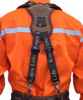 Tool Belt Suspenders With Phone Pouch And Belt Loops For Men Adjustable Padded Shoulder Straps Heavy Duty Steel Hooks Back View