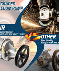 Two automotive vacuum pumps with black pulleys and mounting hardware; gray metal bodies shown on an upgrade vs. other parts banner.