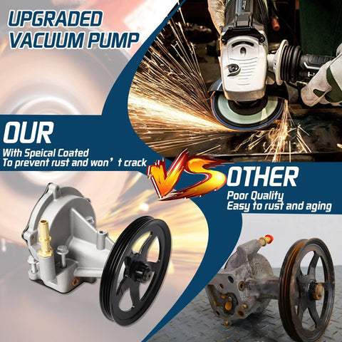 Two automotive vacuum pumps with black pulleys and mounting hardware; gray metal bodies shown on an upgrade vs. other parts banner.