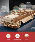 Groovy Retro Wooden 3D Puzzle Featuring Killer Rubber Band Powered Mechanical Model Car Kit With Working V8 Engine Pistons Openable Doors And Sick Diy Craft Build For Adults, detailed view with dimensions.