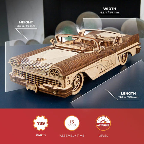 Groovy Retro Wooden 3D Puzzle Featuring Killer Rubber Band Powered Mechanical Model Car Kit With Working V8 Engine Pistons Openable Doors And Sick Diy Craft Build For Adults, detailed view with dimensions.