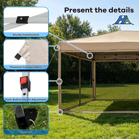 Details of 10x20 Pop Up Canopy Tent With Mosquito Netting, Instant Waterproof Outdoor Screen Shelter, showing construction and fabric.