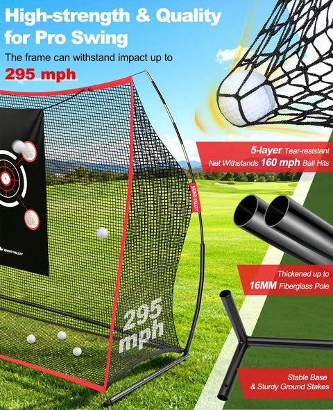 10 By 7 Foot Golf Practice Net With 2 Targets Heavy Duty Hitting Net for Backyard Indoor Or Outdoor, close-up on frame and mesh