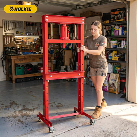Heavy Duty Stem Casters Wheels Set Of 8 With Brakes For 3/8-16 Threaded 1.5 Inch Stems on a workshop utility cart.