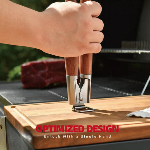 Hand holding rosewood BBQ tongs from Heavy Duty Rosewood BBQ Tools Set With Extra Thick Stainless Steel Spatula Fork And Tongs For Grilling Mastery Great Gift For Dad And Grill Crew Durable Indoor Outdoor Utensils For Barbecue on wooden cutting board.