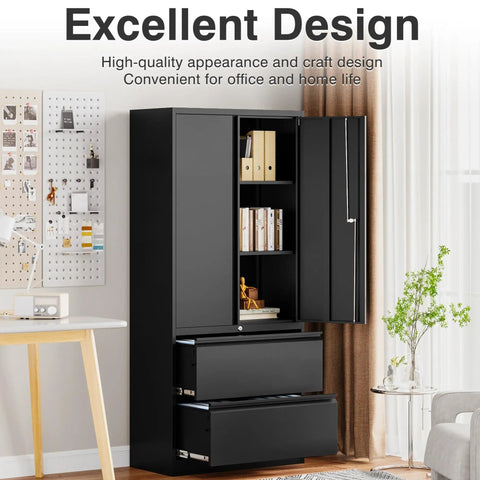 Lockable Black Metal Storage Cabinet With 2 Drawers And Doors Built Tough Steel File Cabinet With Adjustable Shelves For Home Office Garage Warehouse Or School 71 Inch Tall, open view