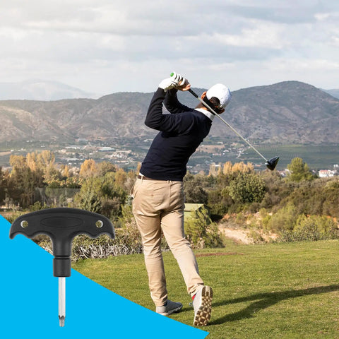 Golfer swinging on course with Adjustable Golf Wrench With Plastic Handle Stainless Steel Golf Driver Tool in foreground