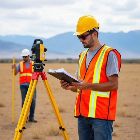Person wearing High Visibility Reflective Jobsite Ready Safety Vest With Multi Function Pockets reading a clipboard.