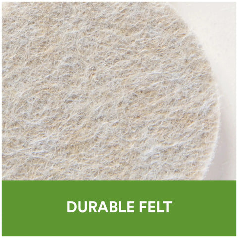 Close-up of beige 32 piece round one inch felt furniture pad showing durable material, self-stick adhesive visible.