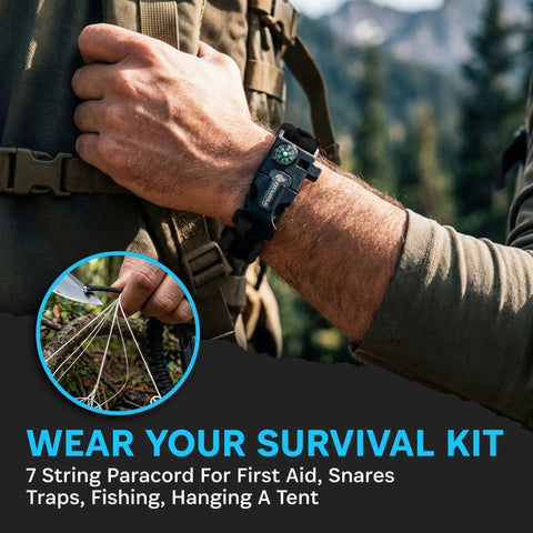 Wearing Survival Paracord Bracelet With Built In Compass And Fire Starter Kit For Hiking Camping Fishing Men Women Bear Safety