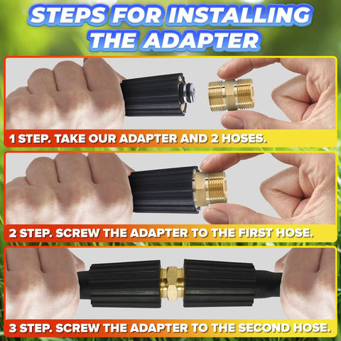 Steps for installing Go To Quick Connect Pressure Washer Hose Adapter M22 14mm Brass Fitting 4500 PSI shown with hands