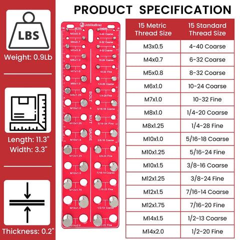 JoblikeBrez thread checker wall-mount bolt gauge, red metal with 15 SAE and 15 metric thread sizes.