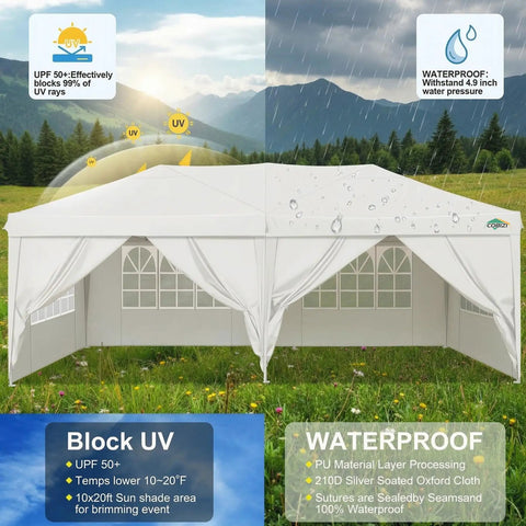 10x20 Foot Pop Up Canopy Tent Instant Shelter With 6 Sidewalls Durable Waterproof Portable Gazebo UPF 50 Plus displayed outdoors