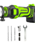 24V Cordless Rotary Cutout Tool With 27000 RPM Power displayed with 2Ah battery, charger, bits for drywall professionals and DIYers.