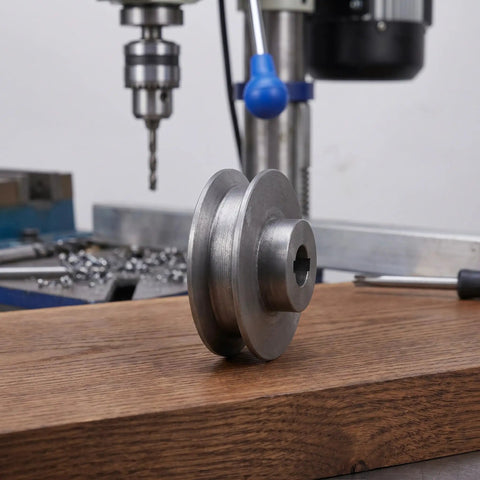Sturdy Single Groove Cast Iron Motor Pulley With 100Mm O D And 19 Mm Bore For Air Compressor Shaft Replacement Easy Install And Smooth V Belt Drive Rotation on wooden workbench with drill.
