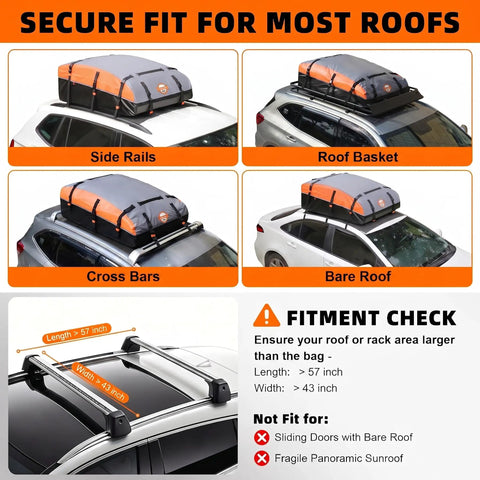 Rooftop Cargo Carrier Bag 21 Cubic 1000D PVC Waterproof Soft Shell For Cars With Or Without Roof Rack shown on various car roofs