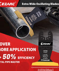 Titanium Oscillating Saw Blades Kit Four Pack For Plunge Cutting On Metal And Wood with a close-up on cutting a pipe.