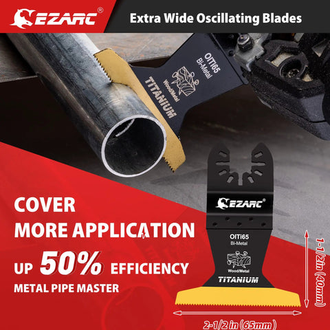 Titanium Oscillating Saw Blades Kit Four Pack For Plunge Cutting On Metal And Wood with a close-up on cutting a pipe.