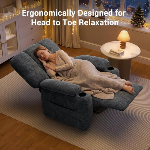 Woman relaxing on Power Recliner Chair For Adults With One Touch Synchronized Electric Recline USB Ports in cozy living room