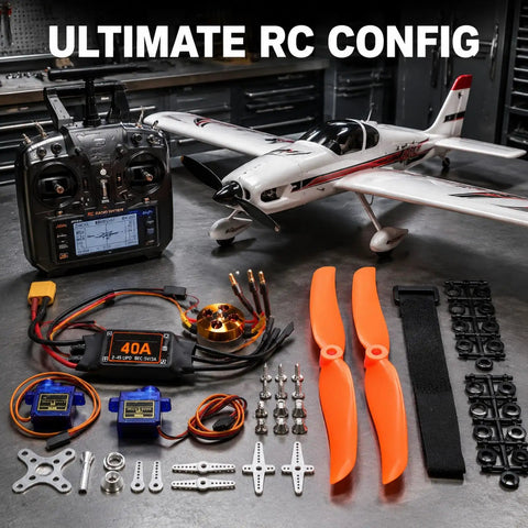 Pro Grade 2212 KV1400 Motor With 40A XT60 ESC SG90 Servo And 8060 Prop Kit for RC Drones next to plane and remote control