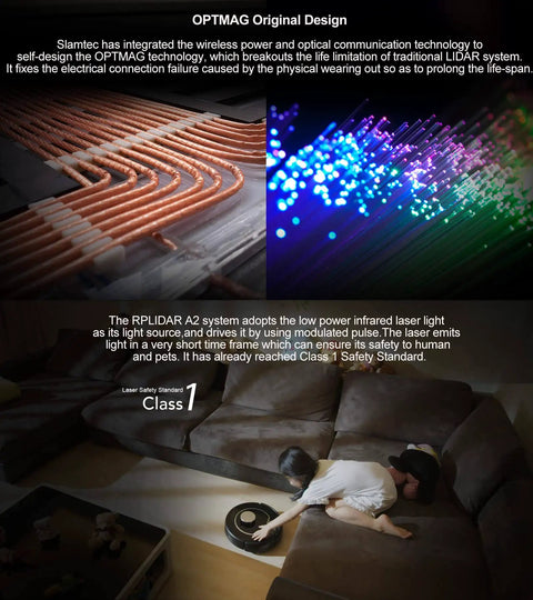 Child playing with RPLIDAR A2M12 360 Degree 2D Lidar Sensor Kit for robotics and obstacle avoidance in living room setting