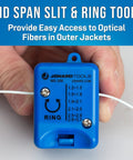 Hand holding blue TK-107B Backpack Fiber Optic Mid Span Slit And Ring Tool Kit, showing size markings for cables