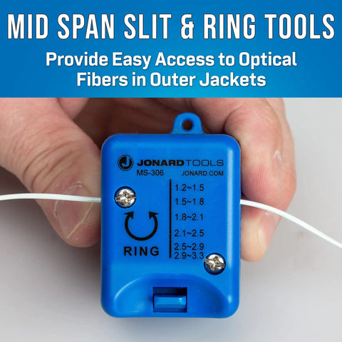 Hand holding blue TK-107B Backpack Fiber Optic Mid Span Slit And Ring Tool Kit, showing size markings for cables