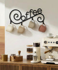 Cool Metal Wall Mounted Coffee Cup Mug Holder With Four Hooks For Kitchen Or Coffee Bar Decor, mugs hanging on wall display.