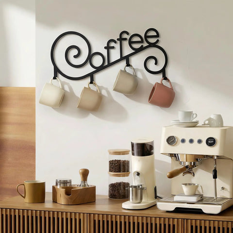 Cool Metal Wall Mounted Coffee Cup Mug Holder With Four Hooks For Kitchen Or Coffee Bar Decor, mugs hanging on wall display.