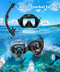 180 Degree Panoramic Swim Mask With Anti Fog Tempered Glass Lens And Dry Top Snorkel Kit, snorkeling in clear ocean water