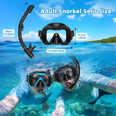 180 Degree Panoramic Swim Mask With Anti Fog Tempered Glass Lens And Dry Top Snorkel Kit, snorkeling in clear ocean water