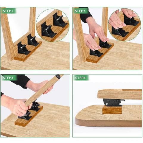 Four Pack Folding Table Leg Brackets Adjustable Zero To Ninety Steel Hinges For Workshop Tables Desks Rust Proof Black Finish Holds Five Hundred Pounds Each Dang Sturdy Hardware installation steps with hands and brackets.
