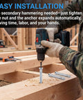 Installing 50 Pack Heavy Duty 3/8 X 4 Inch Flat Head Sleeve Anchors in wood with a drill for flush mounting.