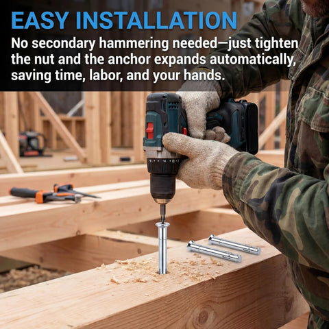 Installing 50 Pack Heavy Duty 3/8 X 4 Inch Flat Head Sleeve Anchors in wood with a drill for flush mounting.