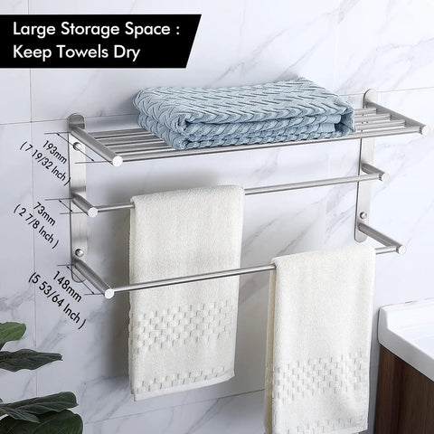 3 Tier Wall Mount Towel Rack With Double Bars 24 Inch Bathroom Storage Organizer In Brushed 304 Stainless Steel, holding towels