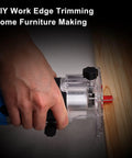 Hand using Compact Palm Router Kit For Woodworking With 800W 110V Electric Trimmer for edge trimming on wood surface